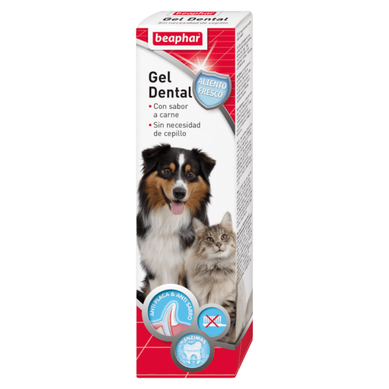 Gel Dental Beaphar para perros y gatos. Limpieza bucal sin cepillado con enzimas contra la placa y el sarro. Sabor a carne.