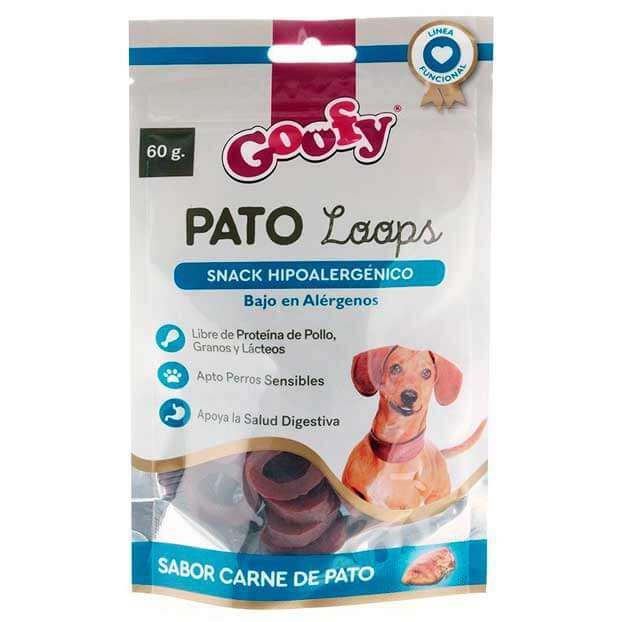 Goofy Pato Loops 60g. Snacks hipoalergenicos de pato para perros sensibles. Sin proteina de pollo, granos ni lacteos.