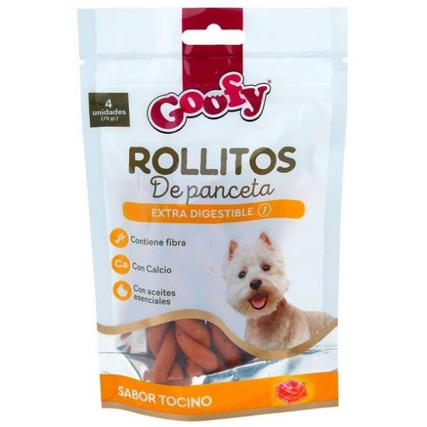 Goofy Rollitos de Panceta (70g). Snacks 100 por ciento naturales, extra digestibles. Con calcio, fibra y sabor a tocino para perros.