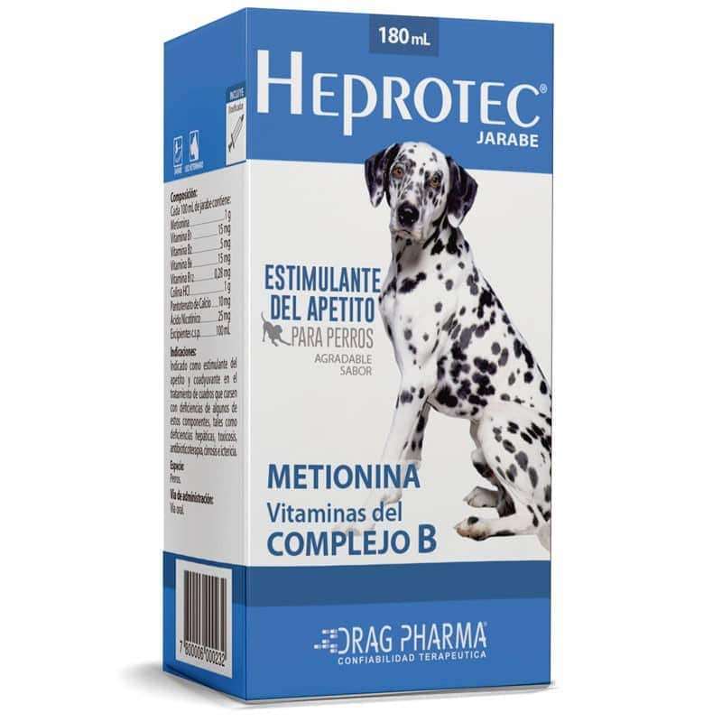 Heprotec Jarabe 180 mL Drag Pharma. Suplemento vitaminico con Metionina y Complejo B. Estimulante de apetito y protector hepatico para perros.