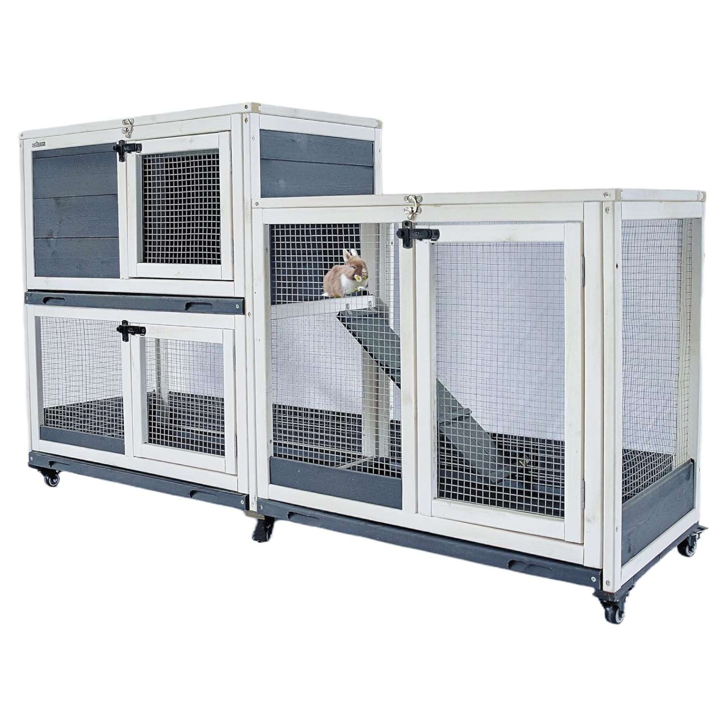 Jaula de madera móvil de 2 pisos para conejos y cobayas (cuyes) con techo solar y bandejas extraíbles de 149 cm de largo.