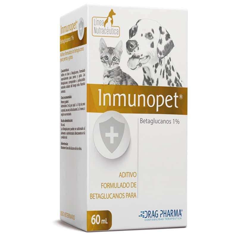 Inmunopet Suspension Oral 60 mL. Suplemento con betaglucanos de hongo ostra. Fortalece el sistema inmune de perros y gatos.