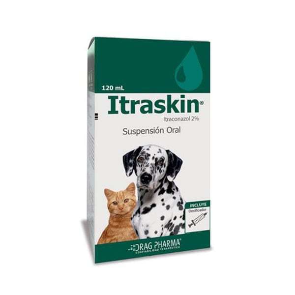 Itraskin Suspension Oral 20 mg/mL (Itraconazol). Antifungico para dermatofitosis y Malassezia en perros y gatos.
