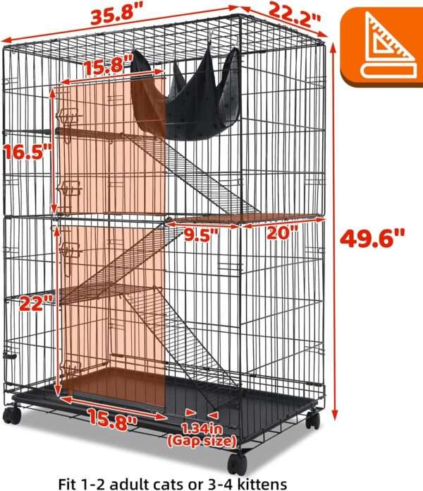 Jaula 4 Pisos XXL (91x56x126 cm) con Ruedas y Hamaca | Jaula de metal de acceso frontal amplio para Gatos y Gatitos.