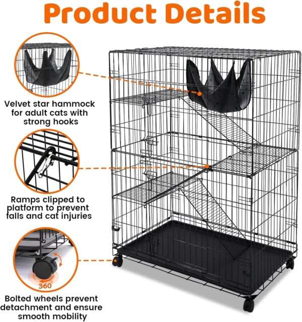 Jaula 4 Pisos XXL (91x56x126 cm) con Ruedas y Hamaca | Jaula de metal de acceso frontal amplio para Gatos y Gatitos.