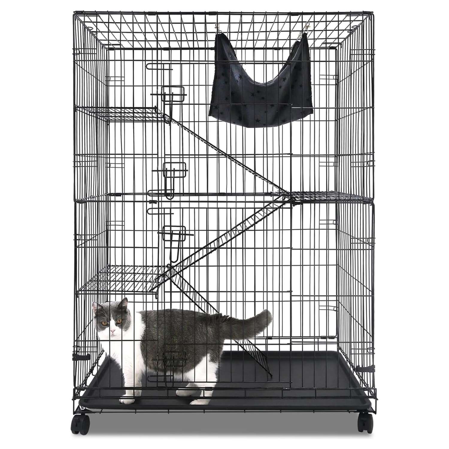Jaula 4 Pisos XXL (91x56x126 cm) con Ruedas y Hamaca | Jaula de metal de acceso frontal amplio para Gatos y Gatitos.