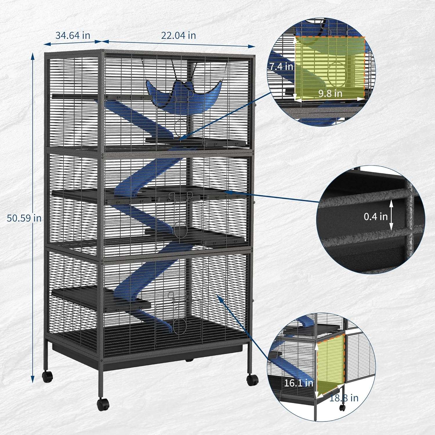 Jaula 6 Niveles (81x52x149 cm) para Chinchillas y Hurones | Metal reforzado, 6 puertas y hamaca de lujo.