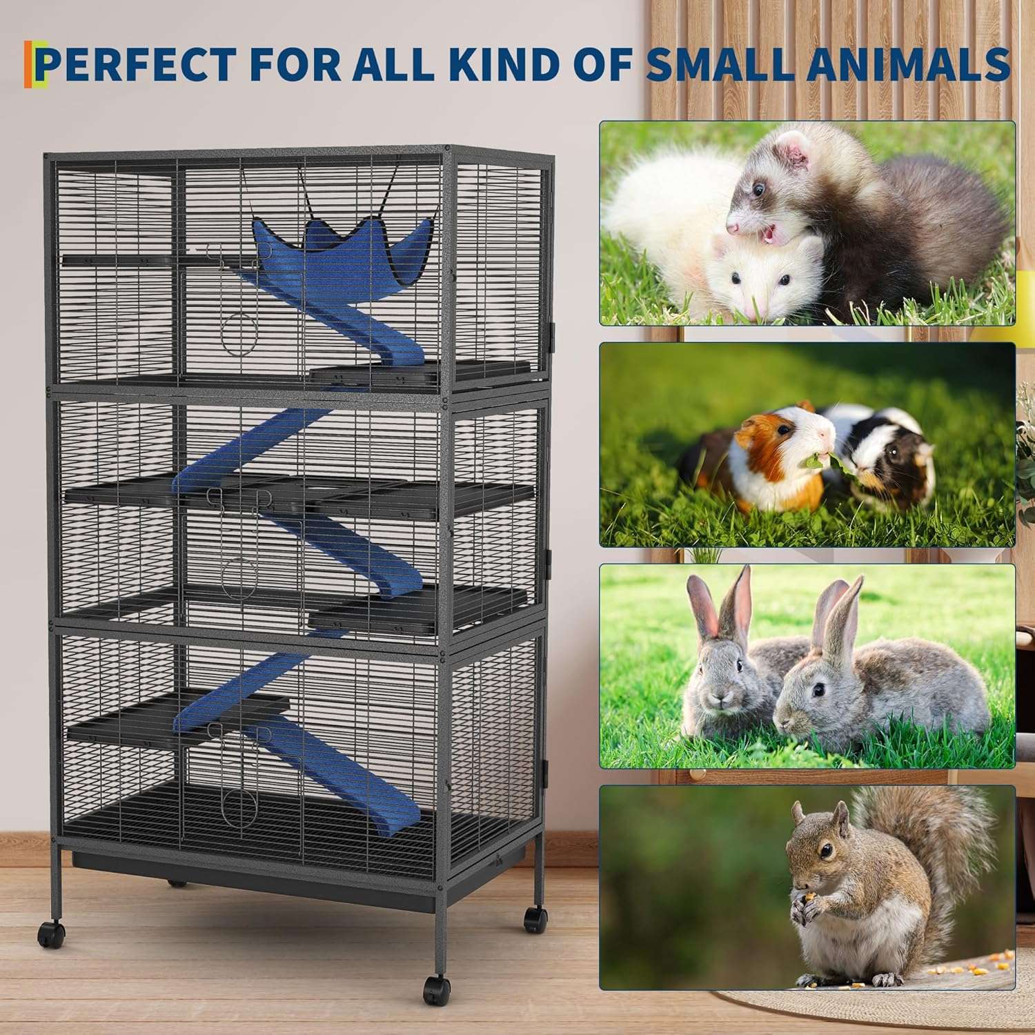 Jaula 6 Niveles (81x52x149 cm) para Chinchillas y Hurones | Metal reforzado, 6 puertas y hamaca de lujo.