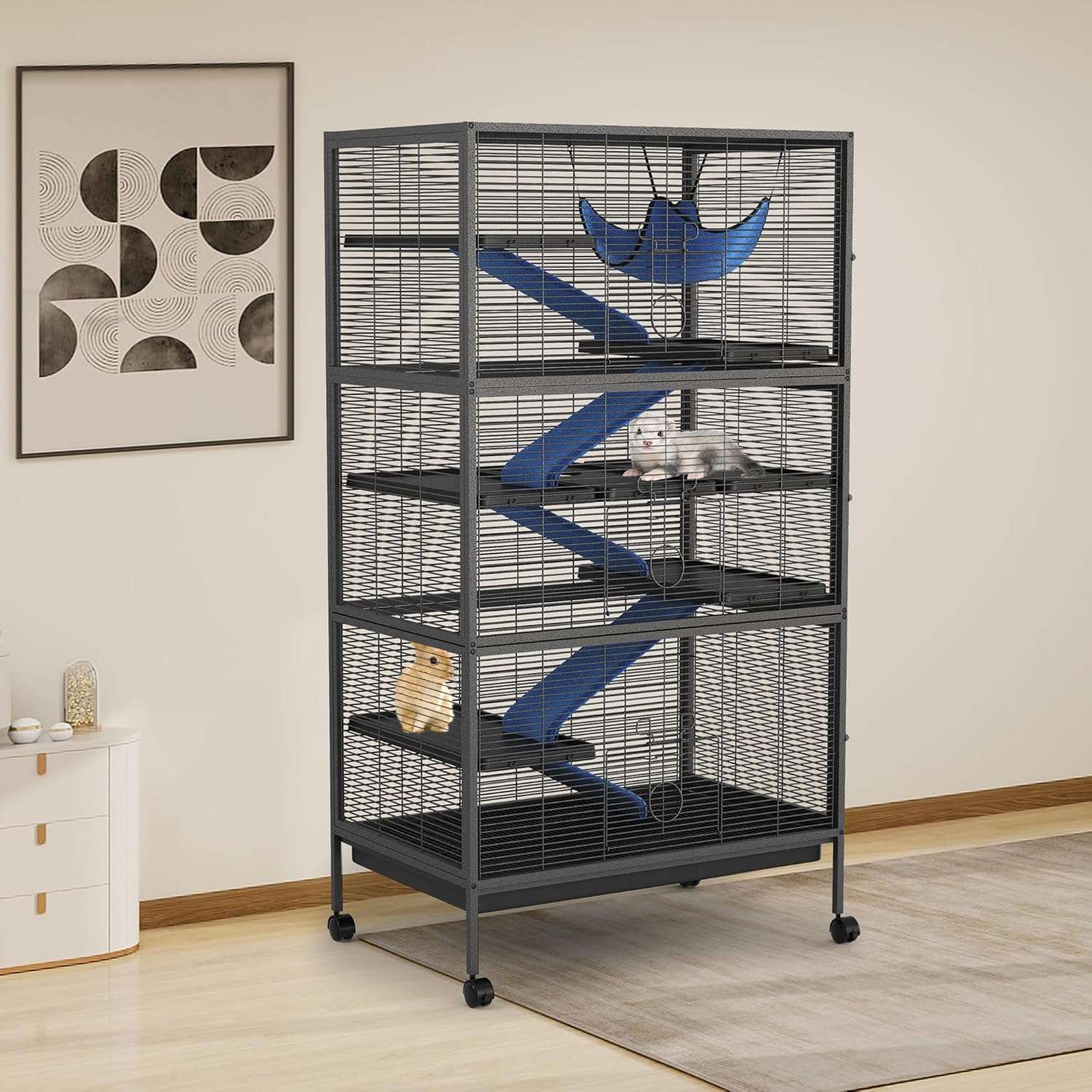 Jaula 6 Niveles (81x52x149 cm) para Chinchillas y Hurones | Metal reforzado, 6 puertas y hamaca de lujo.