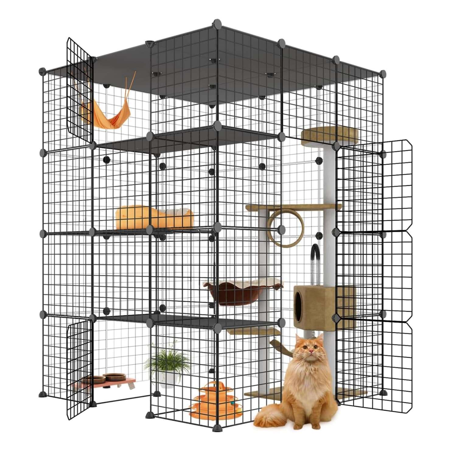 Jaula Corral Extragrande Desmontable para 4 Gatos | 104×104×140 cm | Plataformas y Rampa Seguras