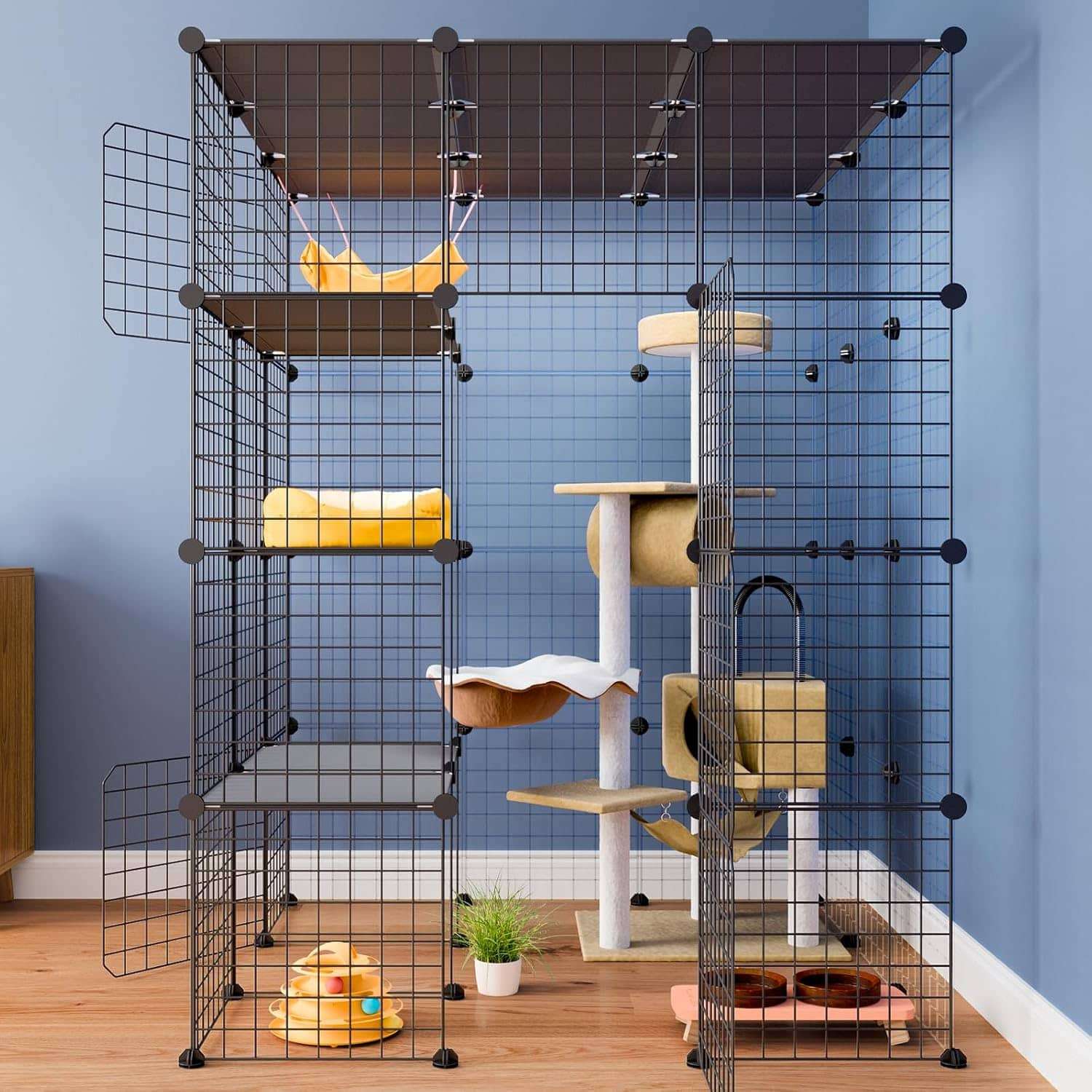 Jaula Corral Extragrande Desmontable para 4 Gatos | 104×104×140 cm | Plataformas y Rampa Seguras