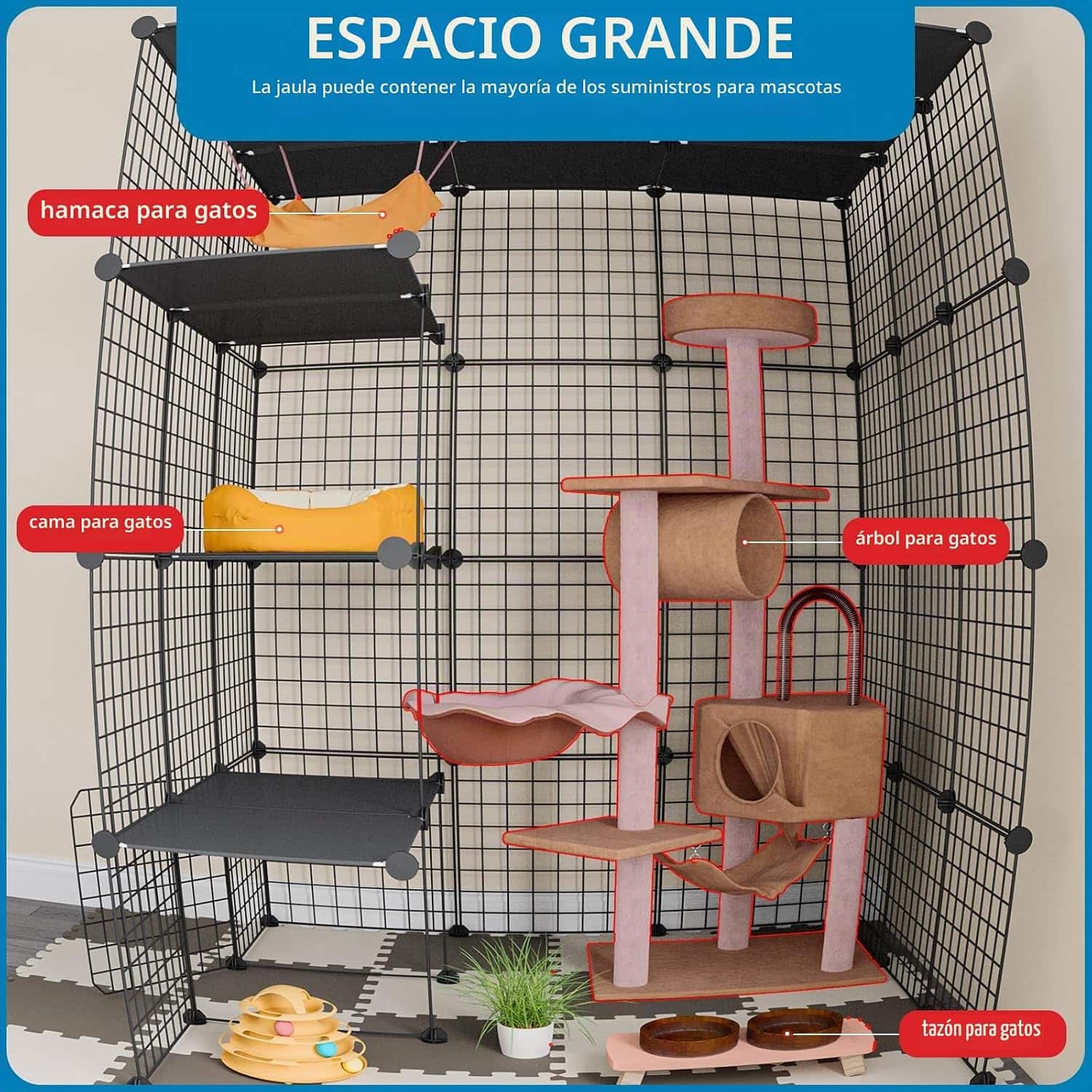 Jaula Corral Extra Grande Desmontable para Múltiples Gatos | 104×104×140 cm | 4 Gatos | Plataformas Seguras - Imagen 6