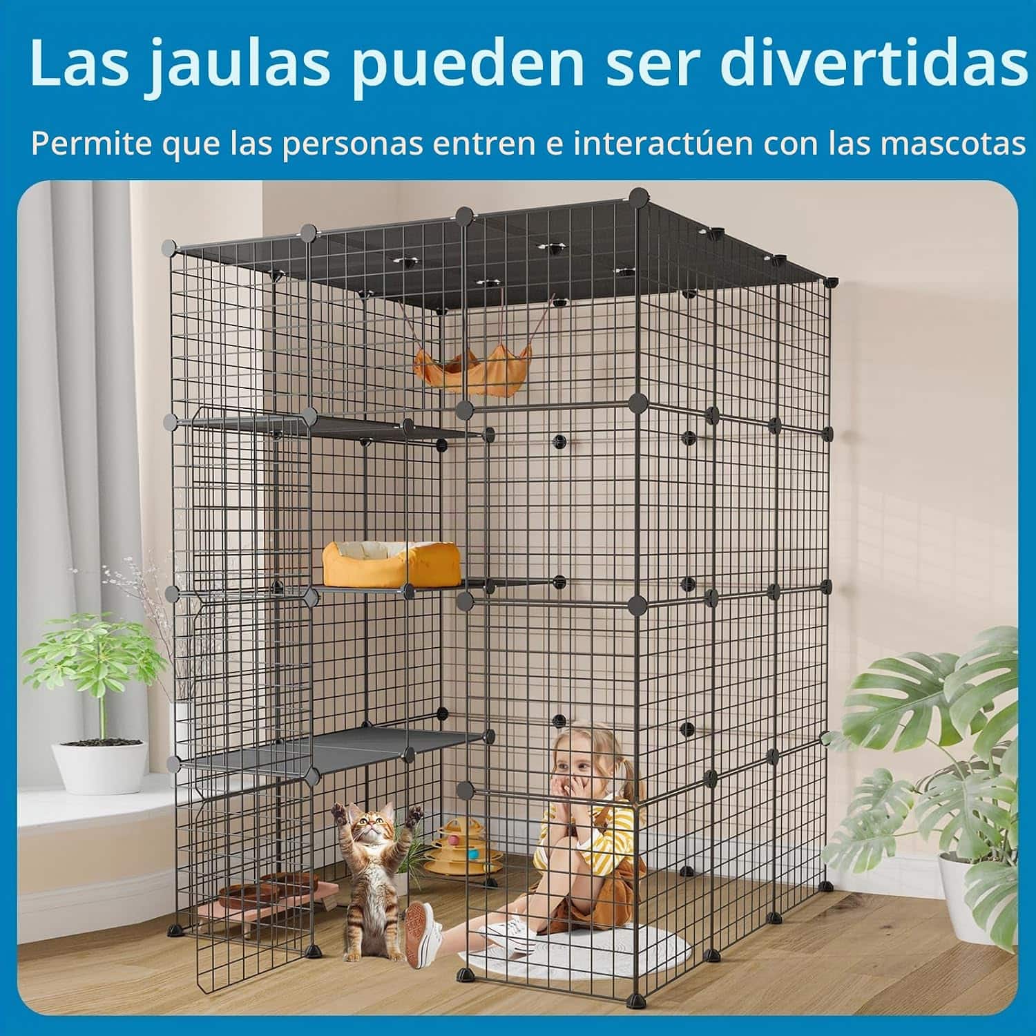 Jaula Corral Extragrande Desmontable para 4 Gatos | 104×104×140 cm | Plataformas y Rampa Seguras