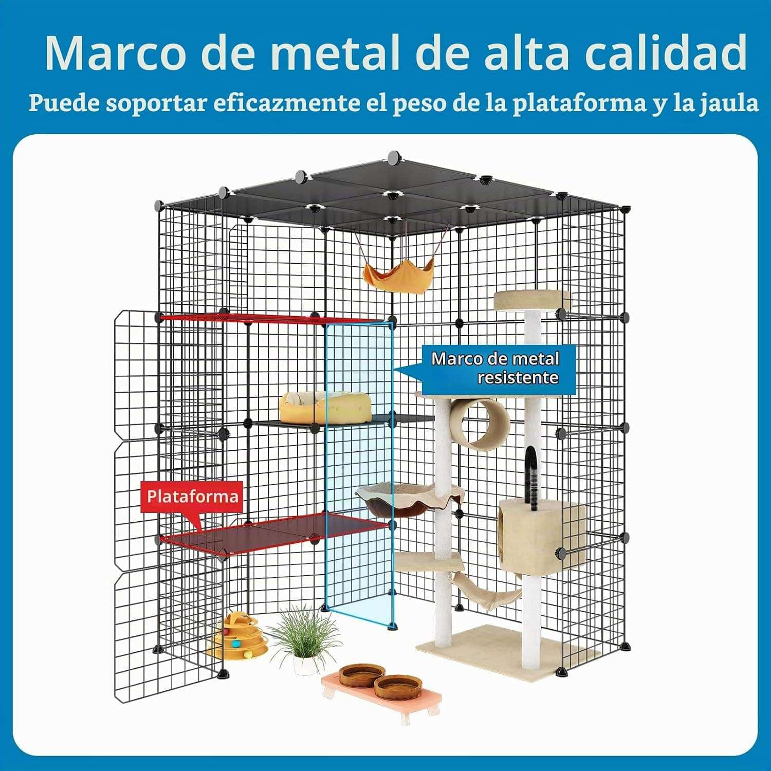 Jaula Corral Extragrande Desmontable para 4 Gatos | 104×104×140 cm | Plataformas y Rampa Seguras