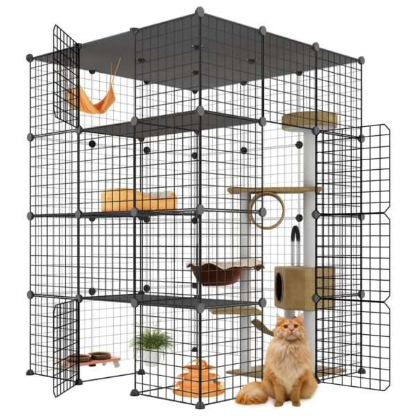 Jaula Corral Extragrande Desmontable para 4 Gatos | 104×104×140 cm | Plataformas y Rampa Seguras