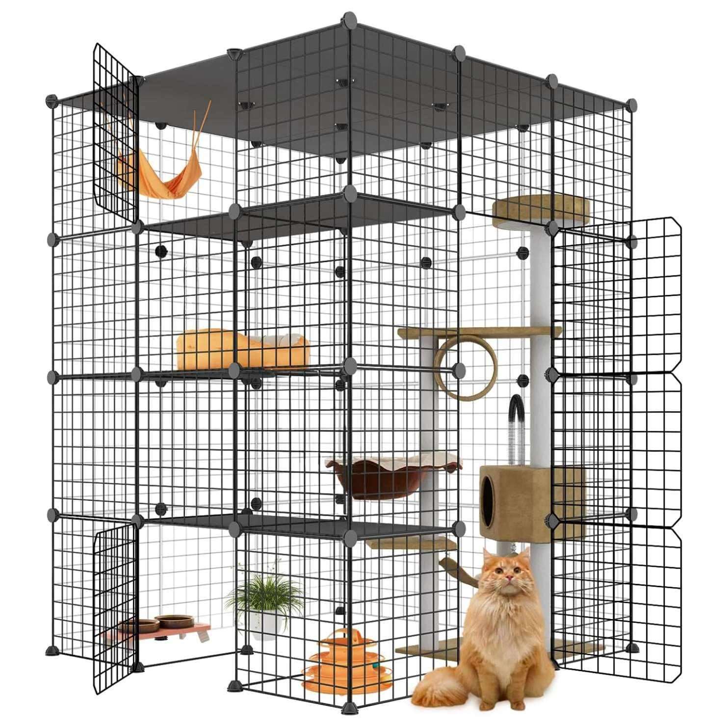 Jaula Corral Extragrande Desmontable para 4 Gatos | 104×104×140 cm | Plataformas y Rampa Seguras