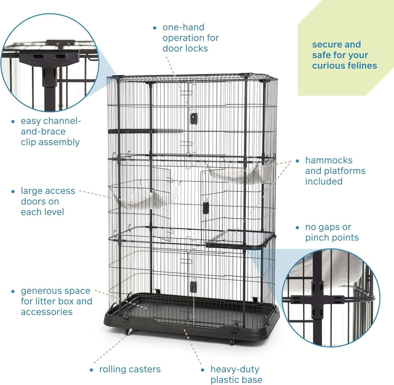 Jaula Corral Extra Grande Acero para 3 Gatos | 109×61×109 cm | 3 Niveles, Hamaca y Anti-Óxido