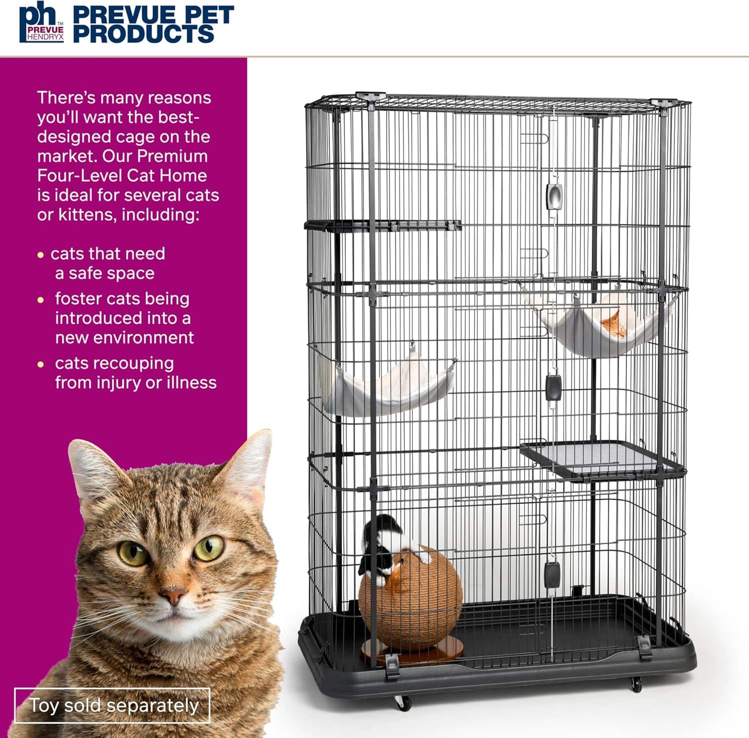 Jaula Corral Extra Grande Acero para 3 Gatos | 109×61×109 cm | 3 Niveles, Hamaca y Anti-Óxido