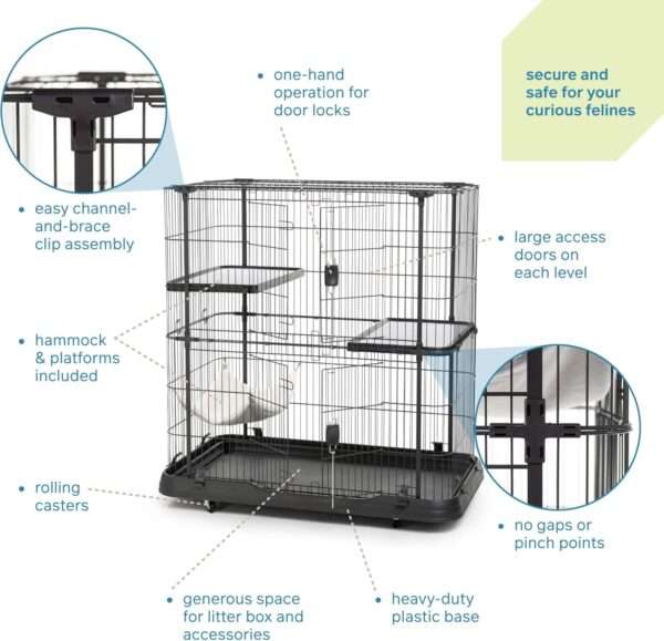Jaula Corral Extra Grande Acero para 3 Gatos | 110×64×112 cm | 3 Niveles, Hamaca y Anti-Óxido