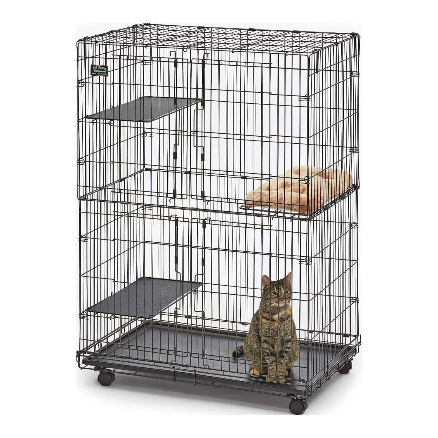 Jaula hábitat vertical plegable con múltiples niveles, ruedas y bandeja deslizante para gatos.