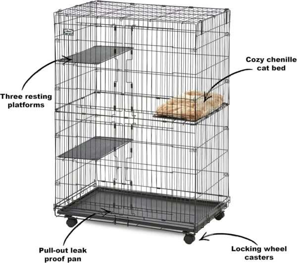 Jaula Corral Plegable Acero para 3 Gatos | 91×60×128 cm | Bandeja a Prueba de Fugas y Cama Incluida