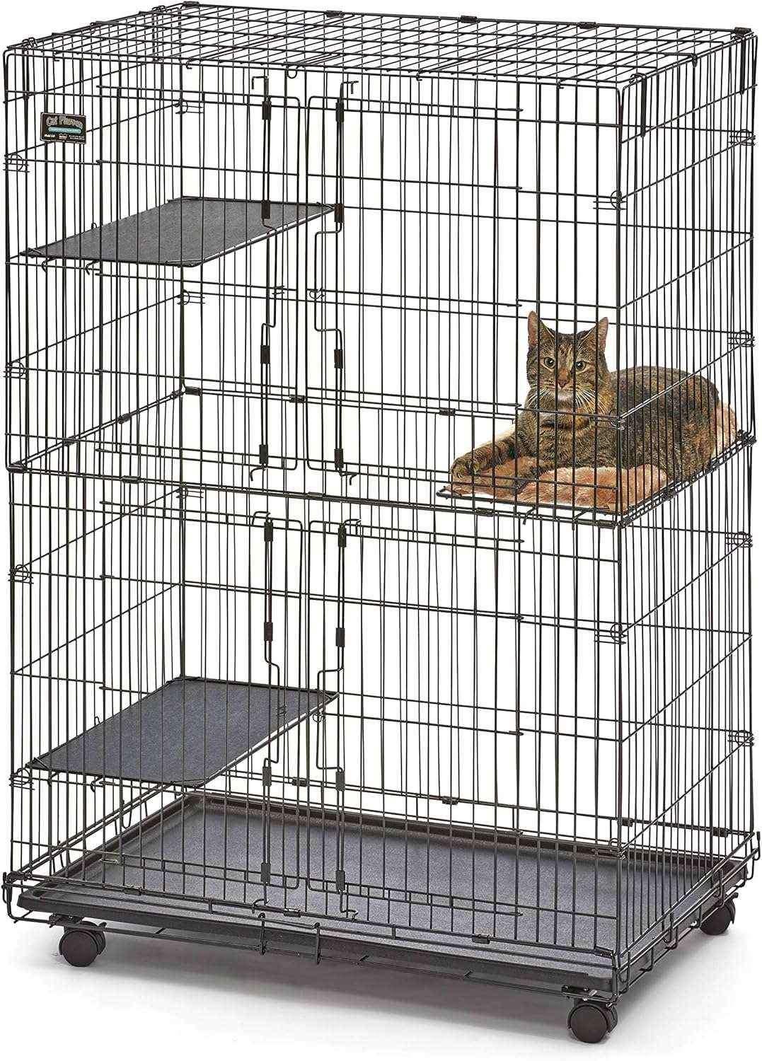Jaula Corral Plegable Acero para 3 Gatos | 91×60×128 cm | Bandeja a Prueba de Fugas y Cama Incluida
