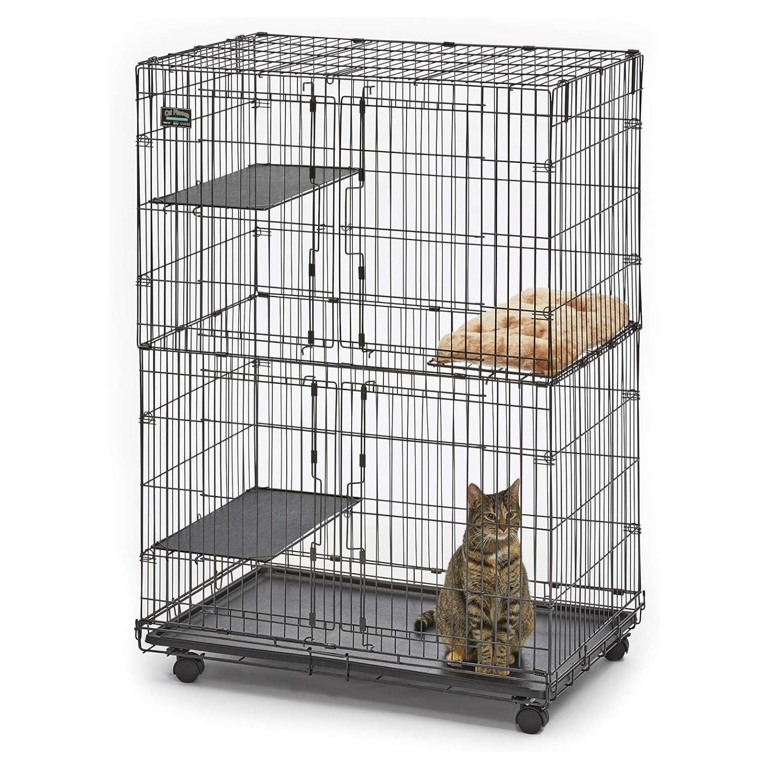 Jaula Corral Plegable Acero para 3 Gatos | 91×60×128 cm | Bandeja a Prueba de Fugas y Cama Incluida