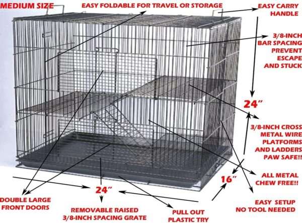 Jaula Plegable 3 Niveles Roedores | 61×41×61 cm | Espacio Anti-Escape 9.5mm | Ratas, Hurones, Chinchillas