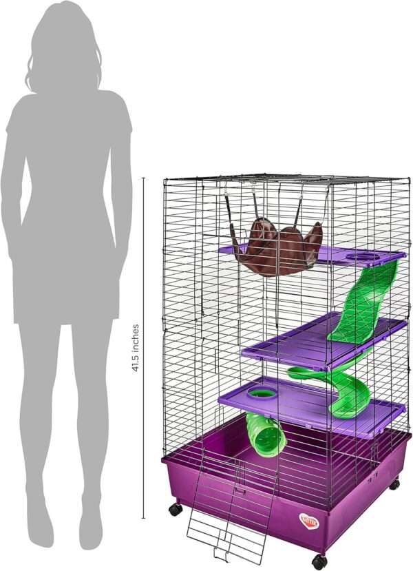 Jaula Hábitat Vertical 4 Niveles para Hurones/Ratas | 61×61×105 cm | Tobogán, Hamaca y Base Profunda