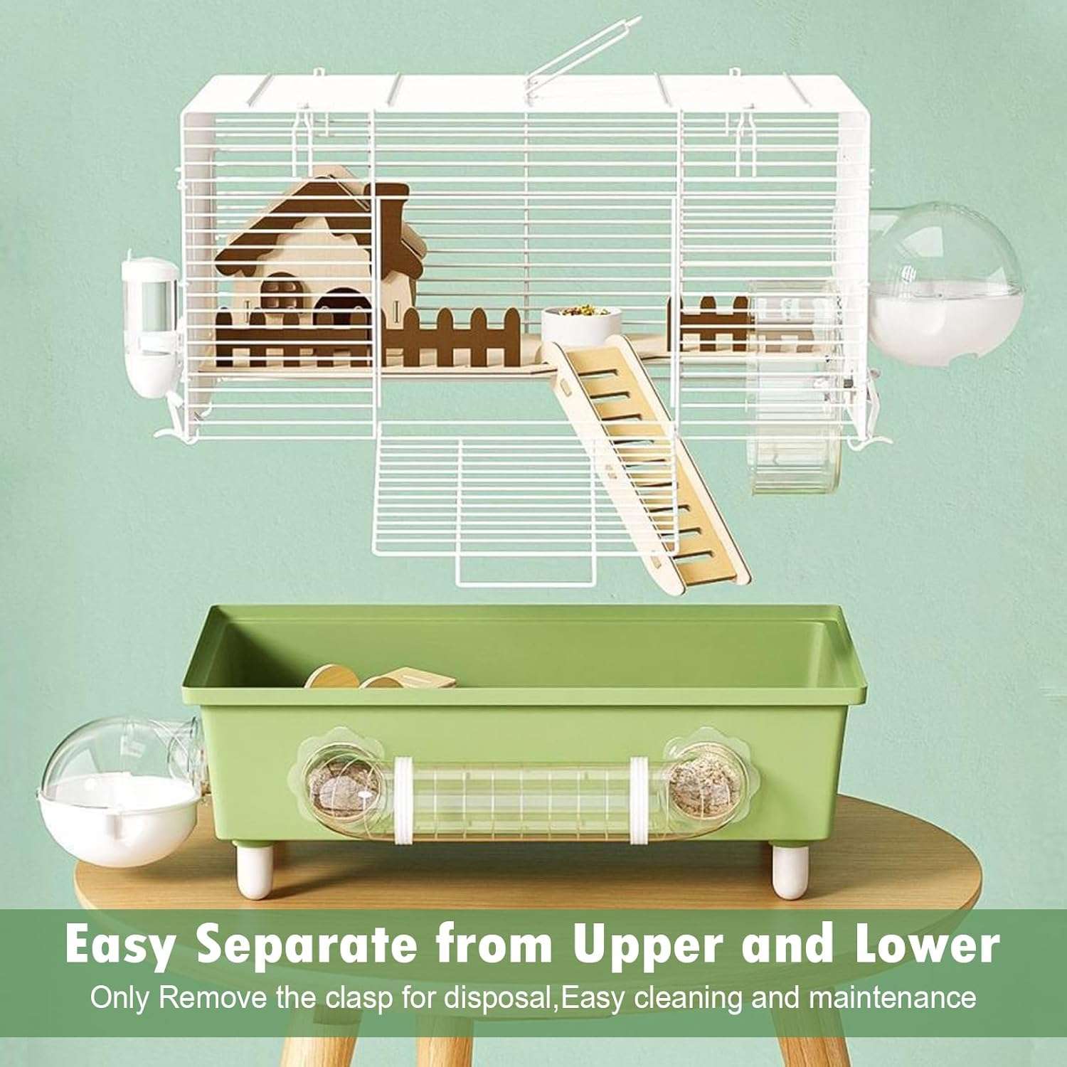 Jaula hámster full kit 10 en 1, con medidas 47x32x30 cm. Incluye rueda, casa de madera, balancín, tubos y bandeja plástica fácil de limpiar.