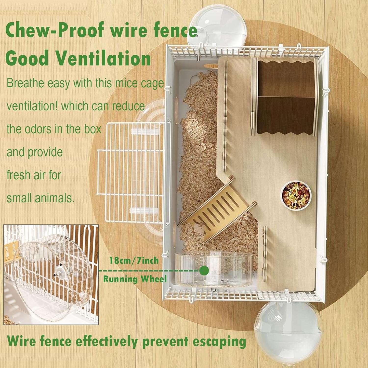 Jaula hámster full kit 10 en 1, con medidas 47x32x30 cm. Incluye rueda, casa de madera, balancín, tubos y bandeja plástica fácil de limpiar.