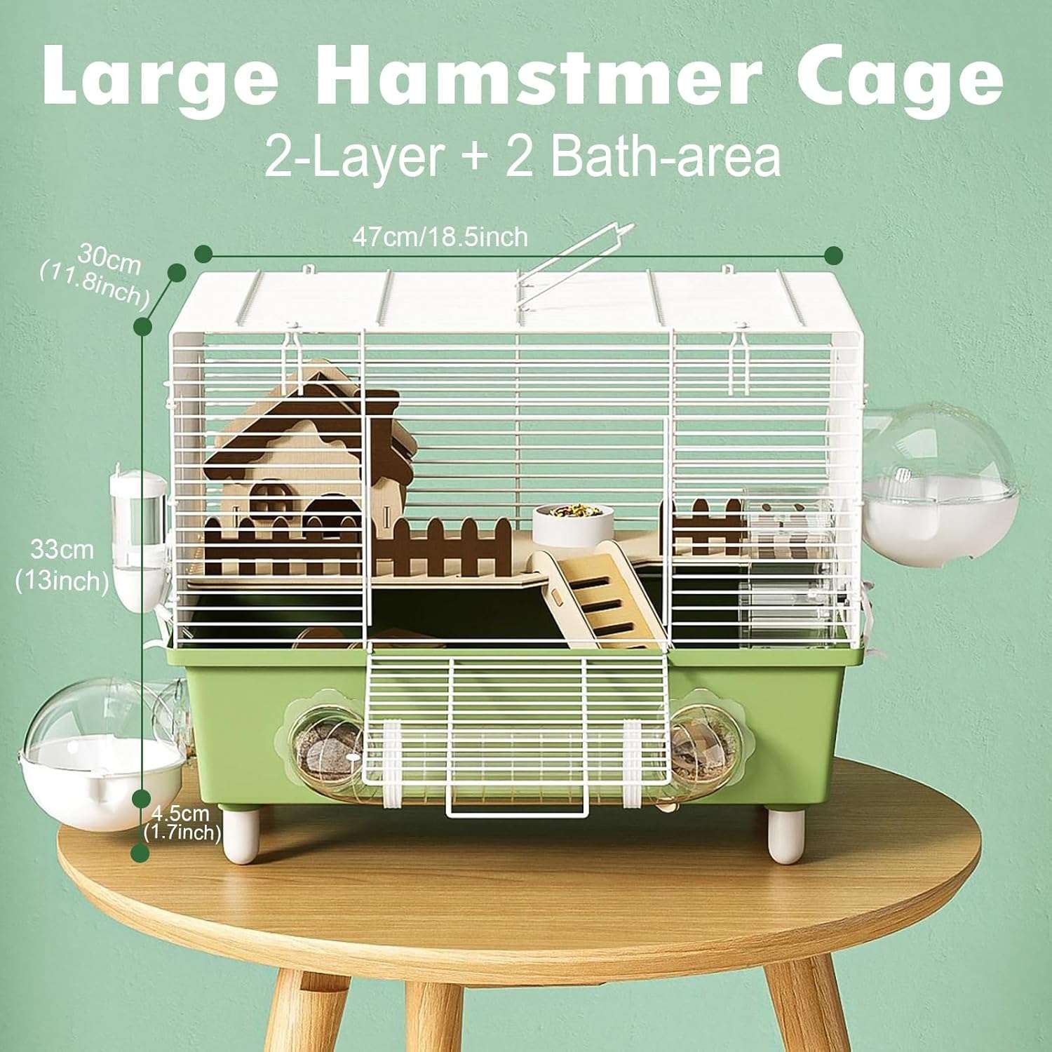 Jaula hámster full kit 10 en 1, con medidas 47x32x30 cm. Incluye rueda, casa de madera, balancín, tubos y bandeja plástica fácil de limpiar.