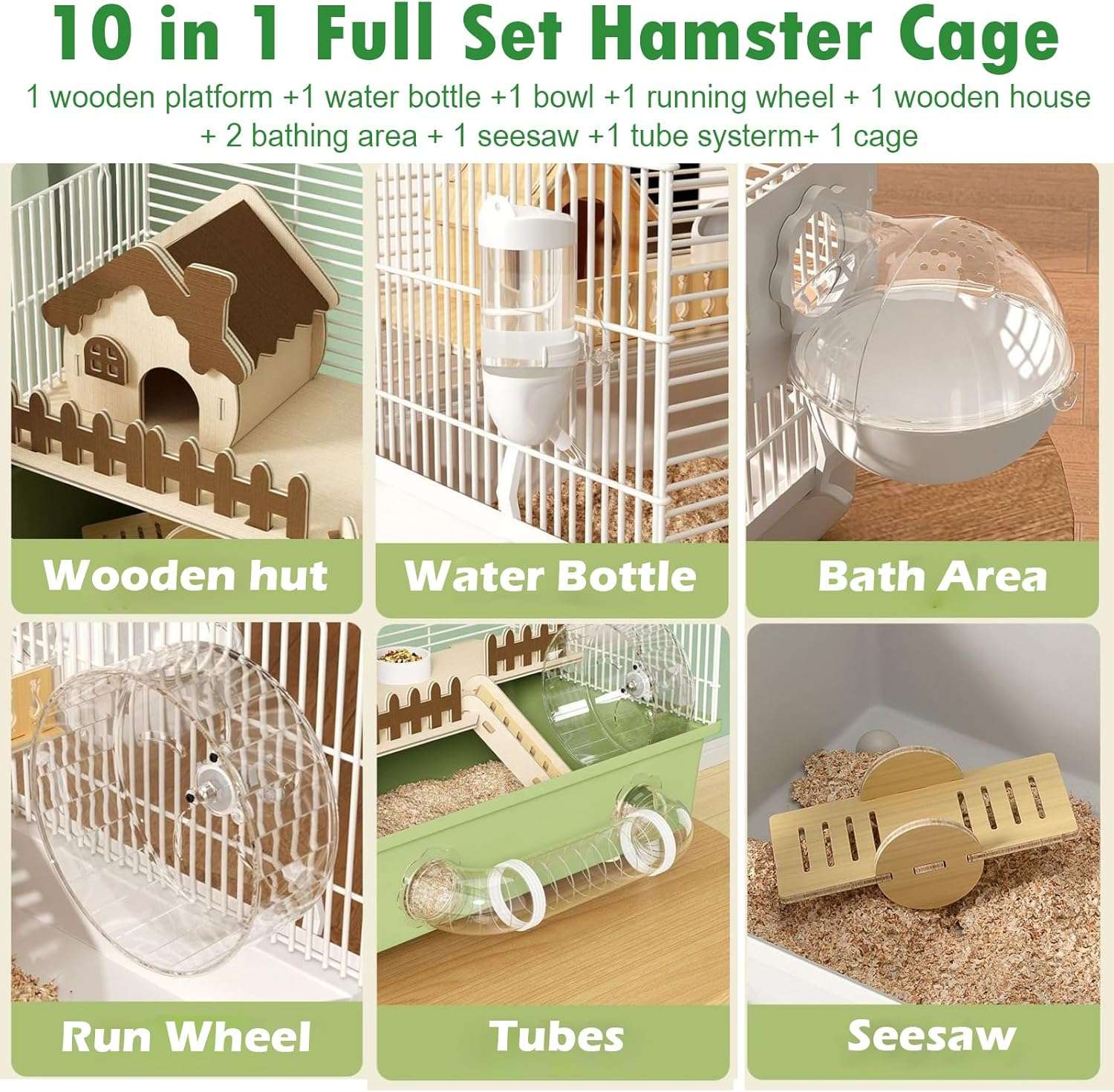 Jaula hámster full kit 10 en 1, con medidas 47x32x30 cm. Incluye rueda, casa de madera, balancín, tubos y bandeja plástica fácil de limpiar.