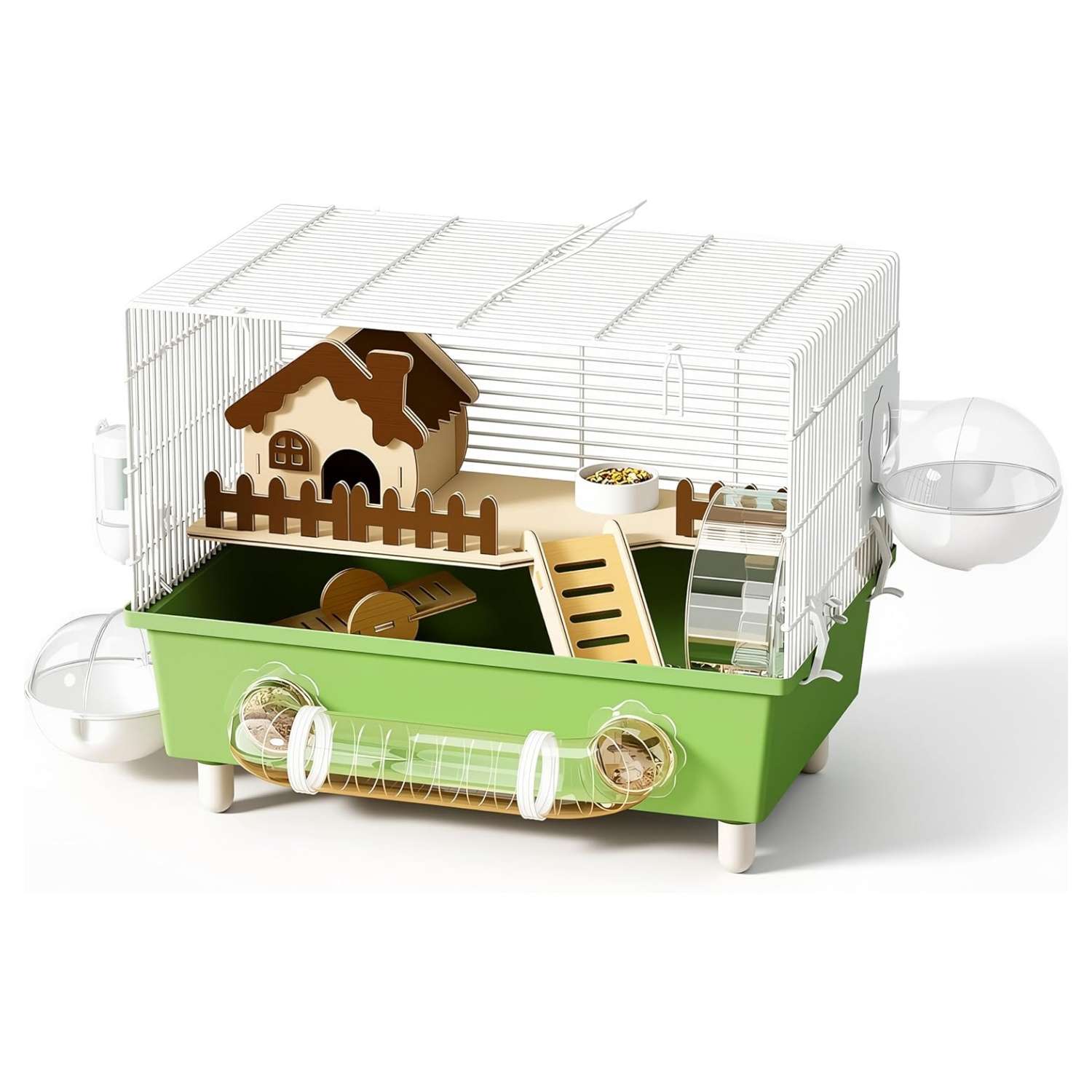 Jaula hámster full kit 10 en 1, con medidas 47x32x30 cm. Incluye rueda, casa de madera, balancín, tubos y bandeja plástica fácil de limpiar.