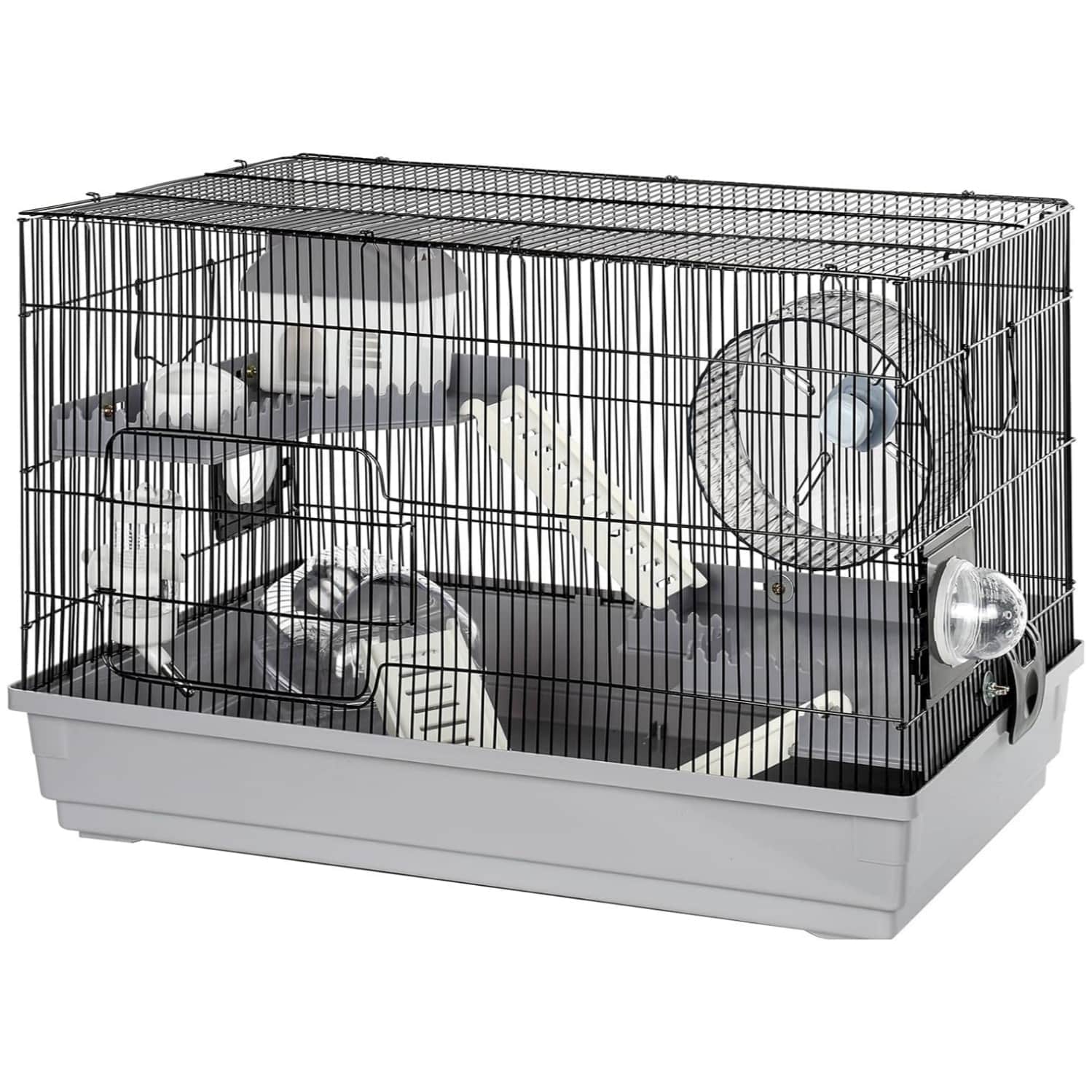 Jaula XL de alambre y base de plastico con dos niveles y nueve accesorios completos para hamster y pequeños roedores.