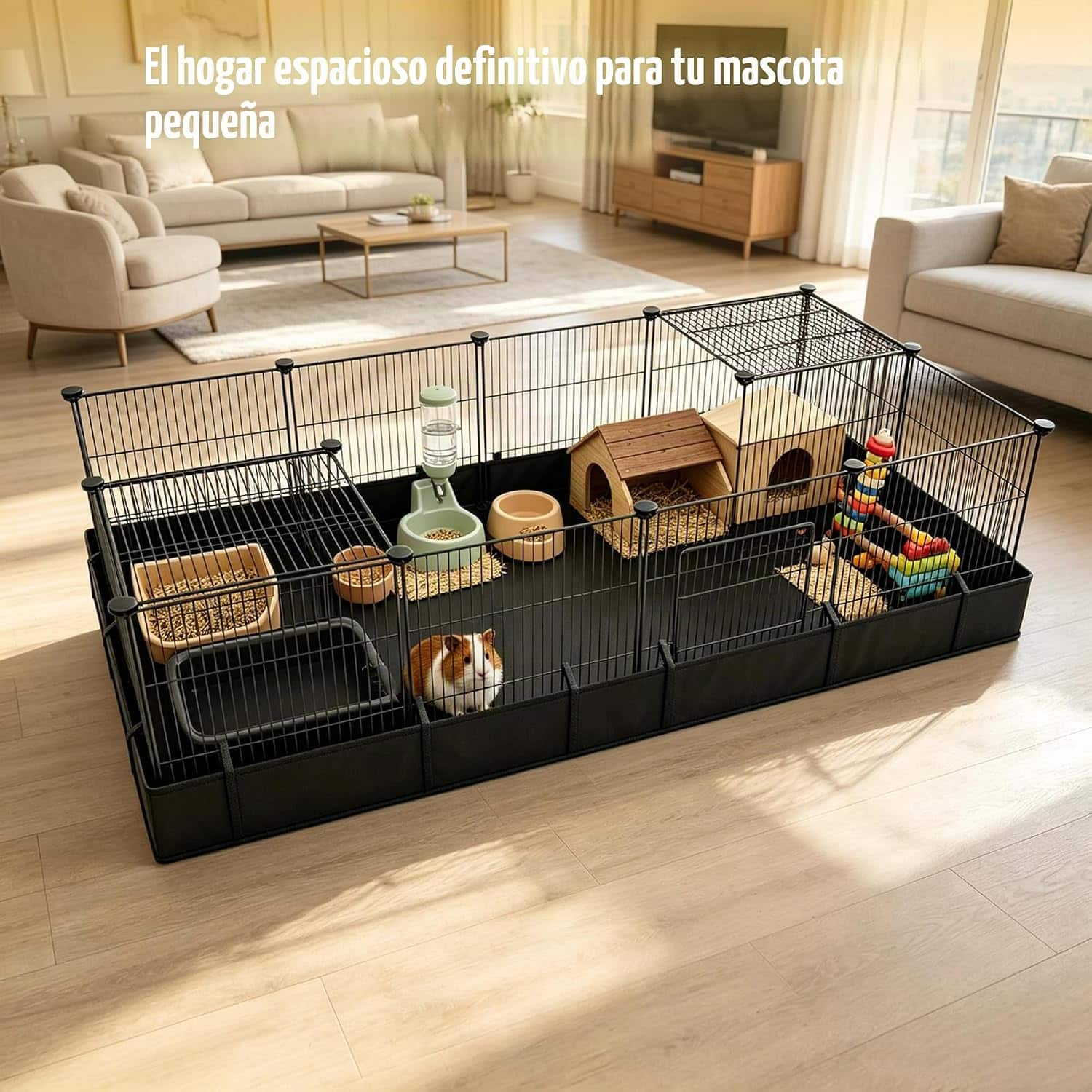 Jaula Modular Armable XL para Cuyes y Conejos | Base Impermeable PVC Anti-Orina | 142×71×35 cm