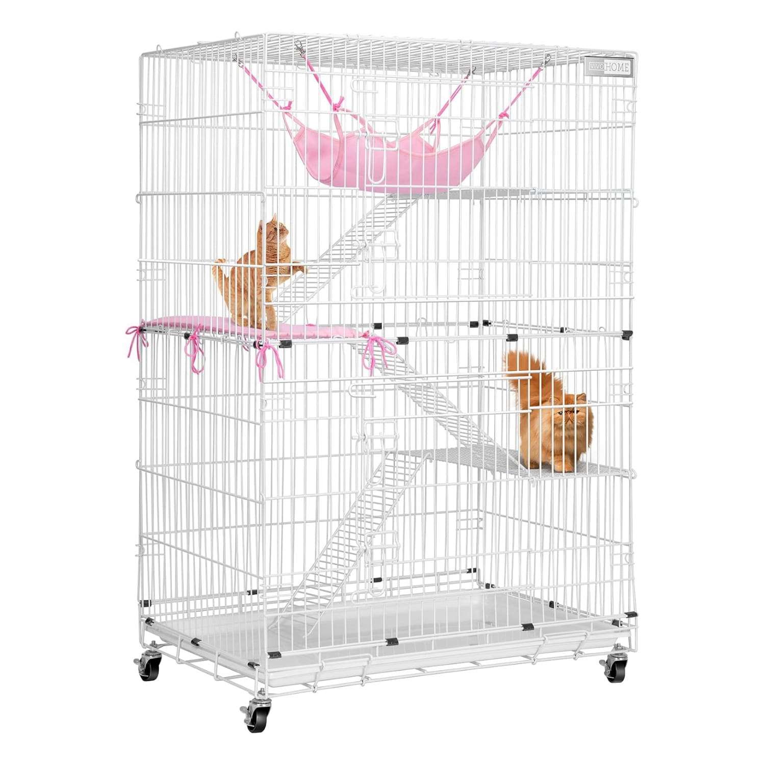 Jaula Plegable VIVOHOME para Gatos (4 Niveles) | Corral Móvil con Ruedas | 81x56x124 cm | Acceso con 2 puertas grandes.