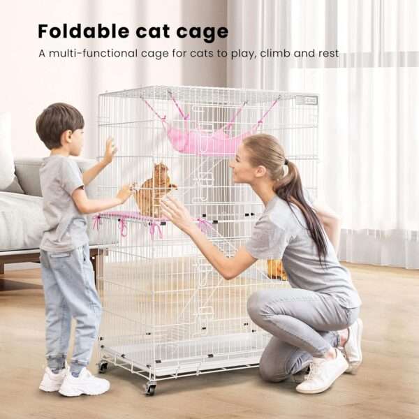 Jaula Plegable VIVOHOME para Gatos (4 Niveles) | Corral Móvil con Ruedas | 81x56x124 cm | Acceso con 2 puertas grandes.