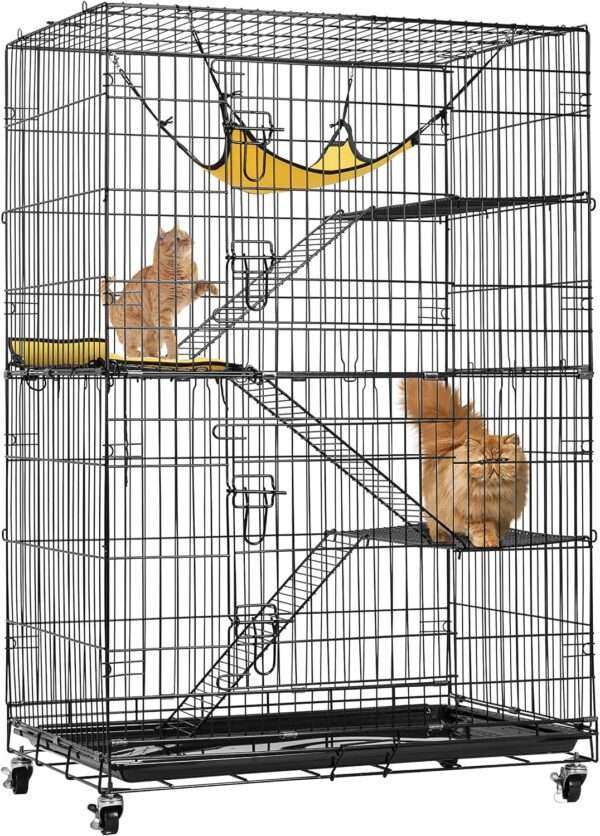 Jaula Plegable VIVOHOME para Gatos (4 Niveles) | Corral Móvil con Ruedas | 81x56x124 cm | Acceso con 2 puertas grandes.