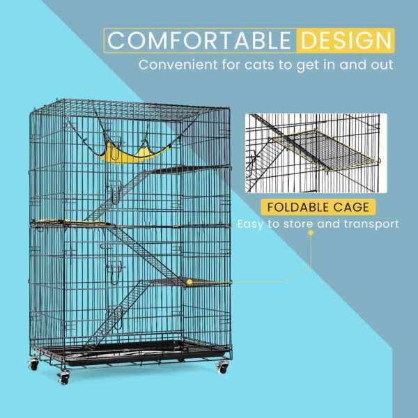 Jaula Plegable VIVOHOME para Gatos (4 Niveles) | Corral Móvil con Ruedas | 81x56x124 cm | Acceso con 2 puertas grandes.
