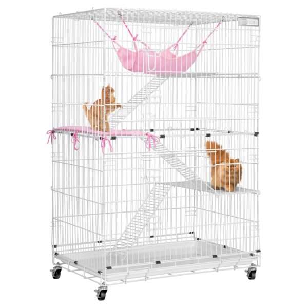 Jaula Plegable VIVOHOME para Gatos (4 Niveles) | Corral Móvil con Ruedas | 81x56x124 cm | Acceso con 2 puertas grandes.