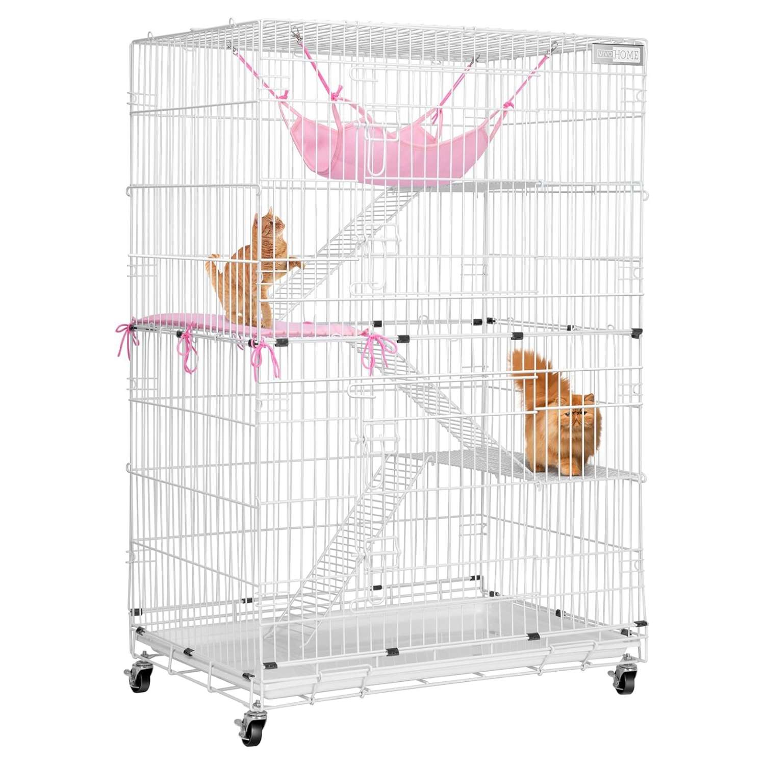 Jaula Plegable VIVOHOME para Gatos (4 Niveles) | Corral Móvil con Ruedas | 81x56x124 cm | Acceso con 2 puertas grandes.