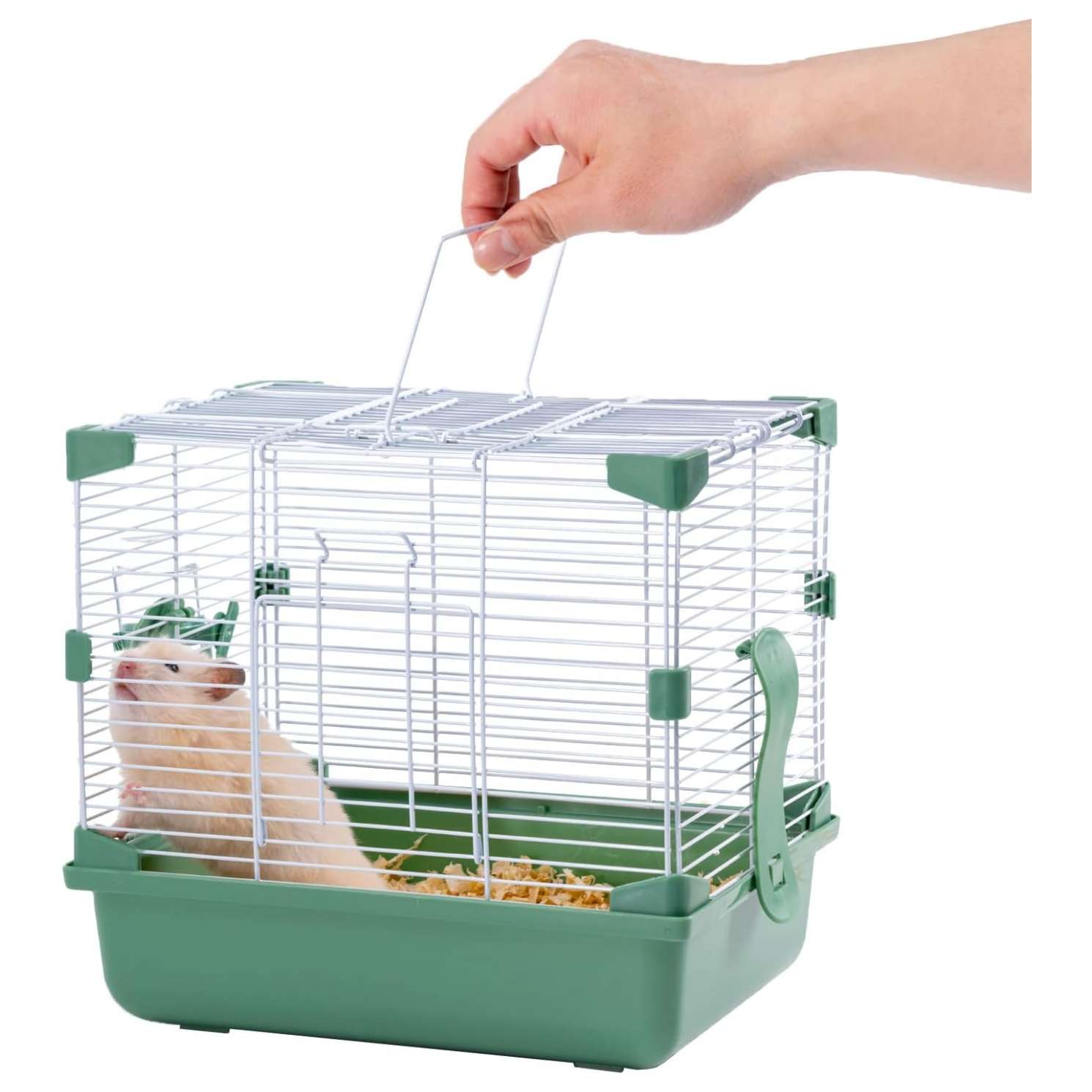 Jaula Transportadora Portátil (27x20.5x25 cm) para Hámster. Malla Metálica Ventilada, Doble Apertura y Bandeja Antifugas.