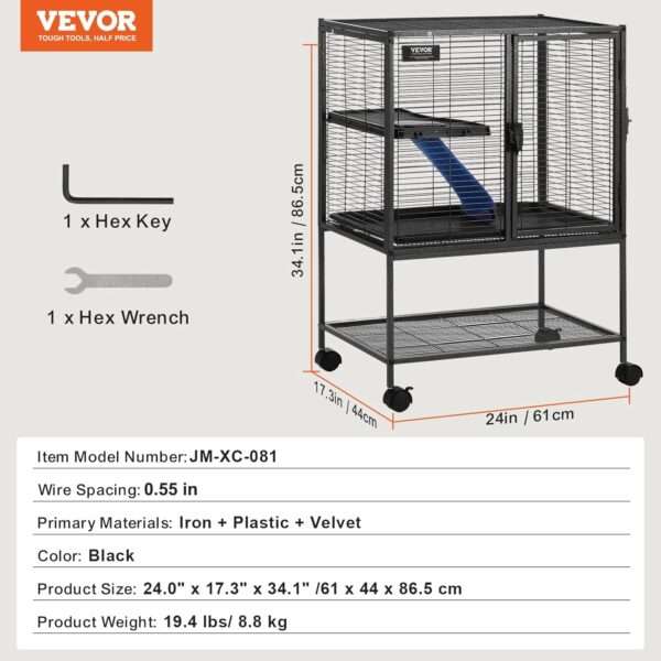 Jaula Vertical 3 Pisos (61x44x87 cm) con Ruedas | Metal Anti-Escape para Hurones y Chinchillas | Bandeja de limpieza.