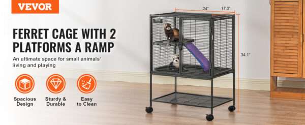 Jaula Vertical 3 Pisos (61x44x87 cm) con Ruedas | Metal Anti-Escape para Hurones y Chinchillas | Bandeja de limpieza.