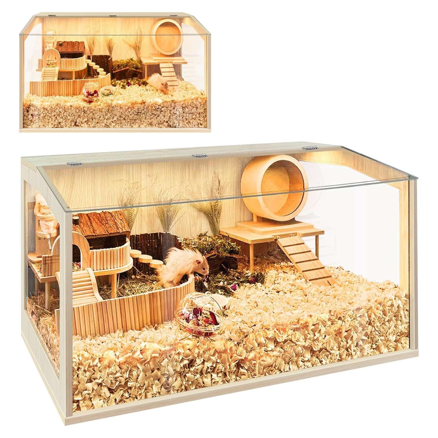 Jaula de Madera y Acrílico Extra Grande para Hámster (Largo 60-120 cm). Hábitat Anti-Mordidas y Fácil de Limpiar, ideal para enterrar sustrato.