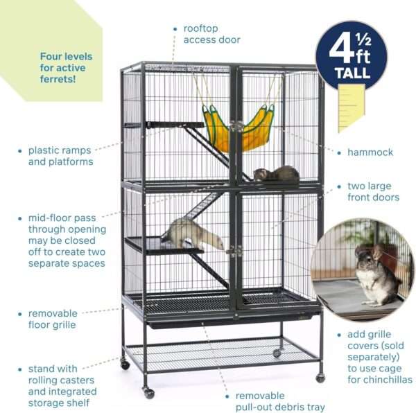 Jaulón Metálico XL 3 Niveles para Hurones y Chinchillas | Con Ruedas, Bandeja Removible y Hamaca | 79×51×105.5 cm