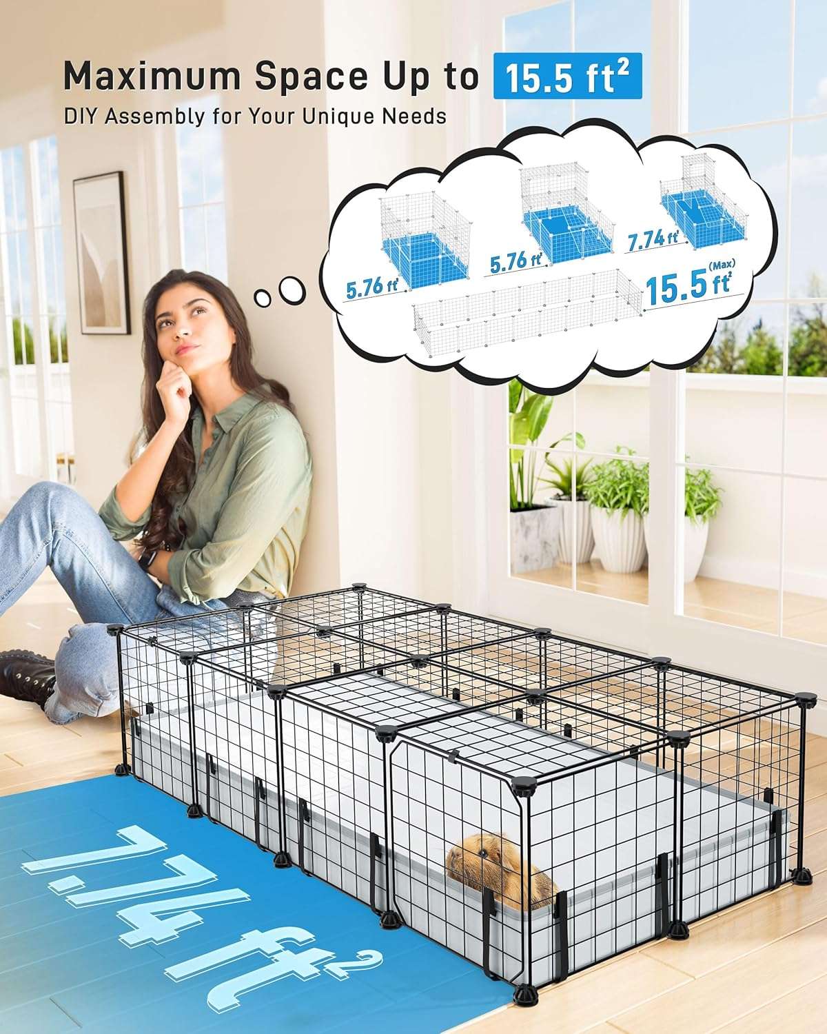 Jaulón Modular XL Anti-Escape para Cuyes/Conejos | Con Techo de Seguridad, 20 Paneles y Forro Impermeable 119×61 cm