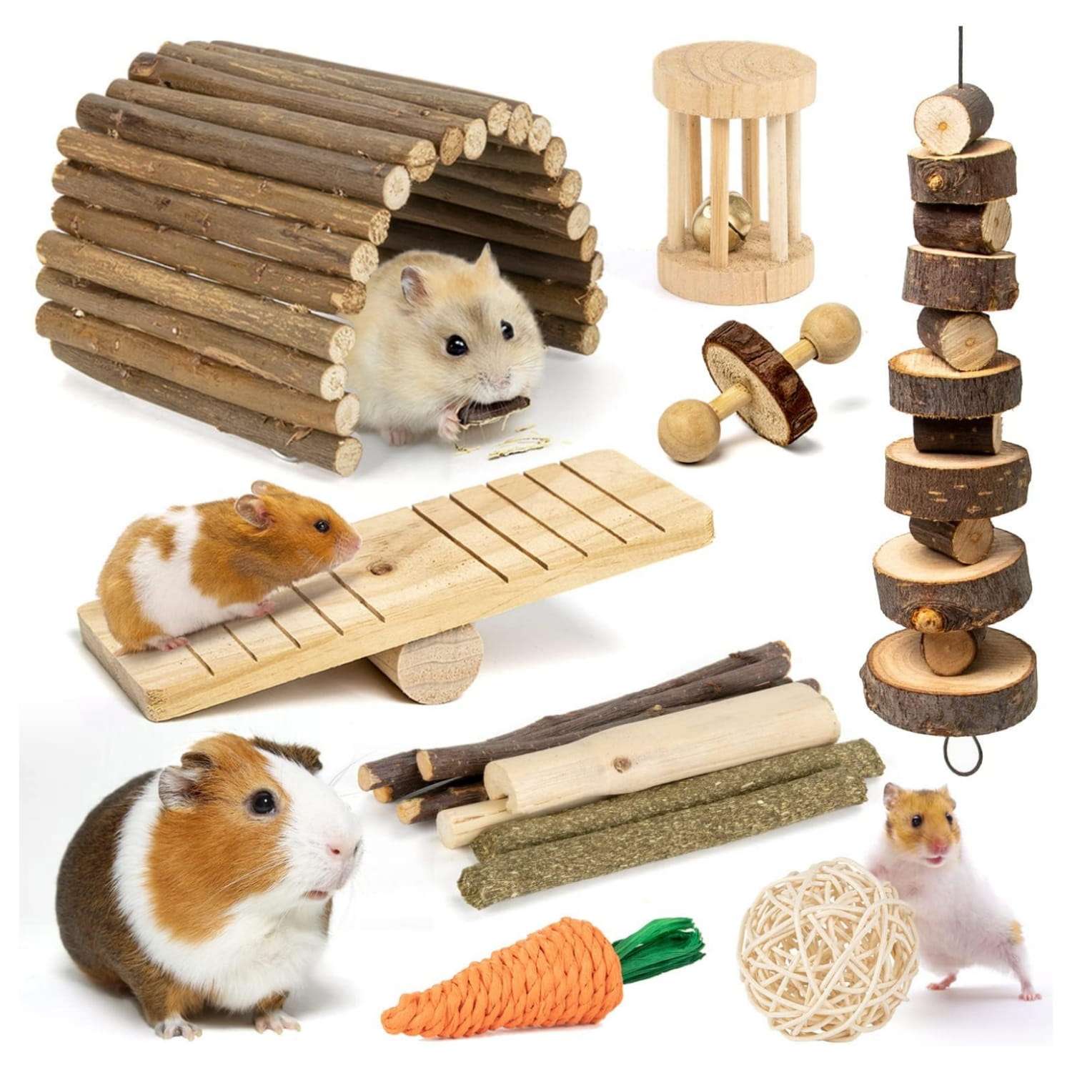 Kit de enriquecimiento para roedores (10 modelos). Juguetes molares naturales de Madera de Manzana, Heno Timothy y bambú. Incluye escondite, columpio y balancín para Hámster, Conejo y Cobaya.