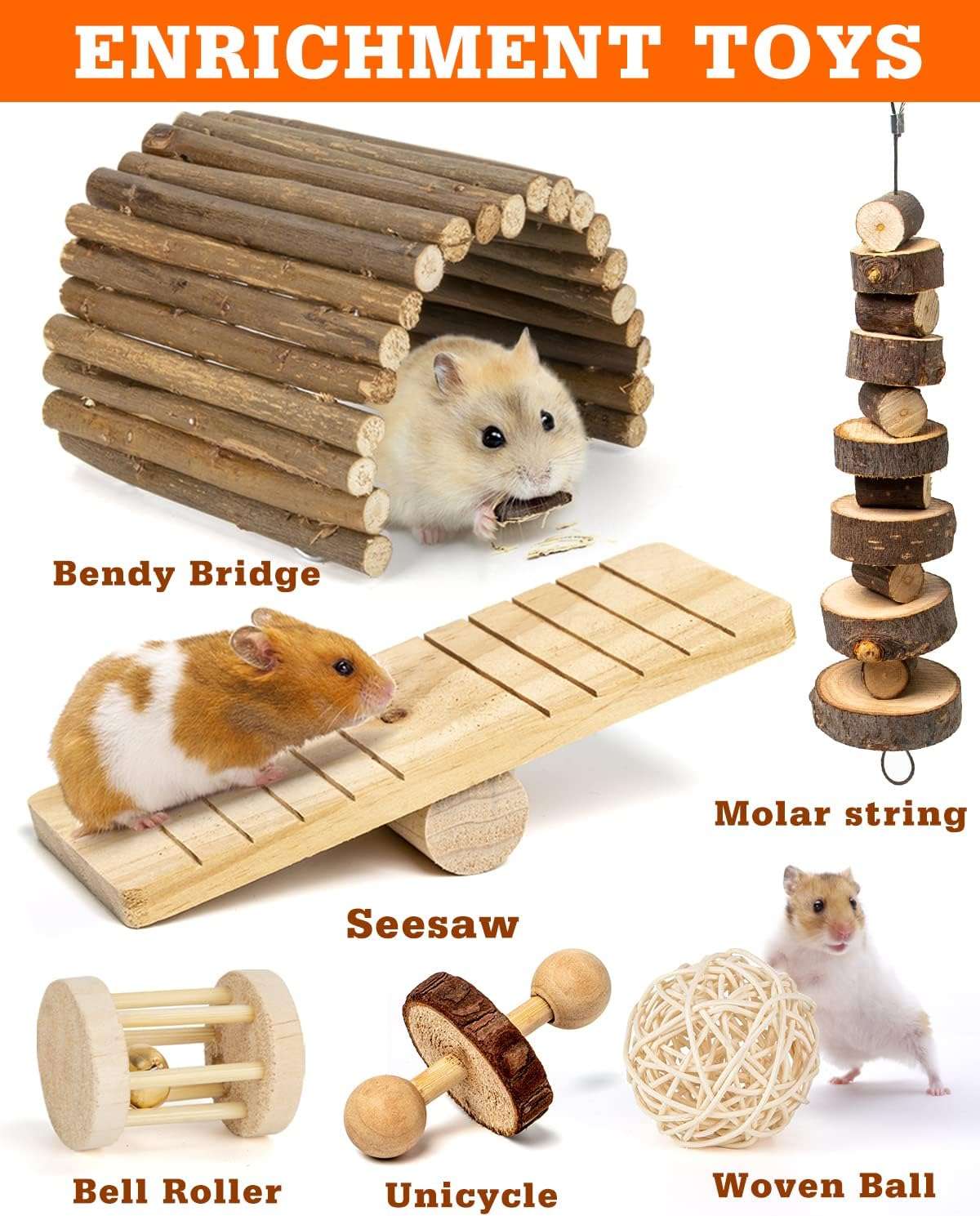 Kit de enriquecimiento para roedores (10 modelos). Juguetes molares naturales de Madera de Manzana, Heno Timothy y bambú. Incluye escondite, columpio y balancín para Hámster, Conejo y Cobaya.